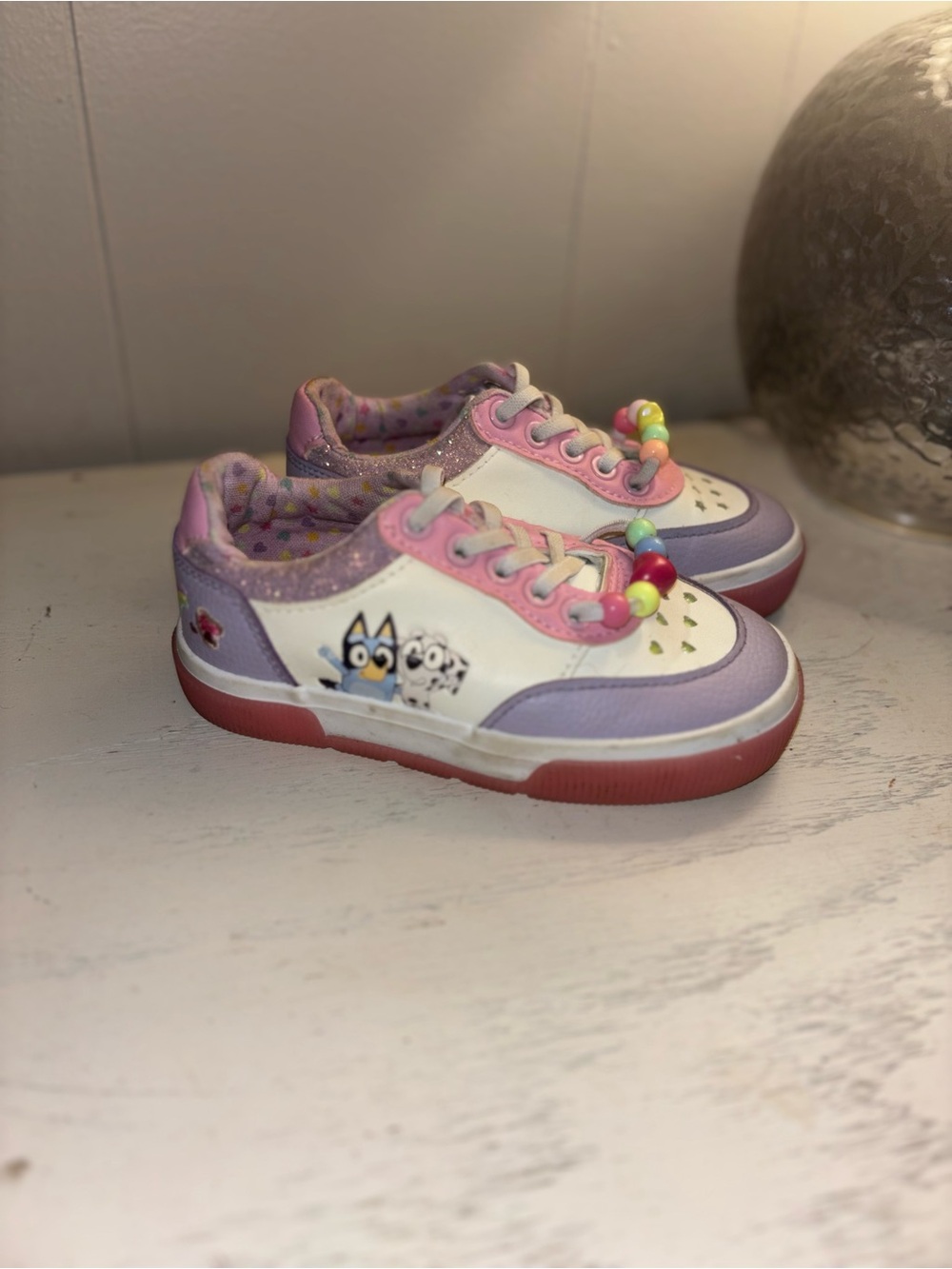 Kids Light-Up Sneakers in White, Lavender & Pink with Bead Accents